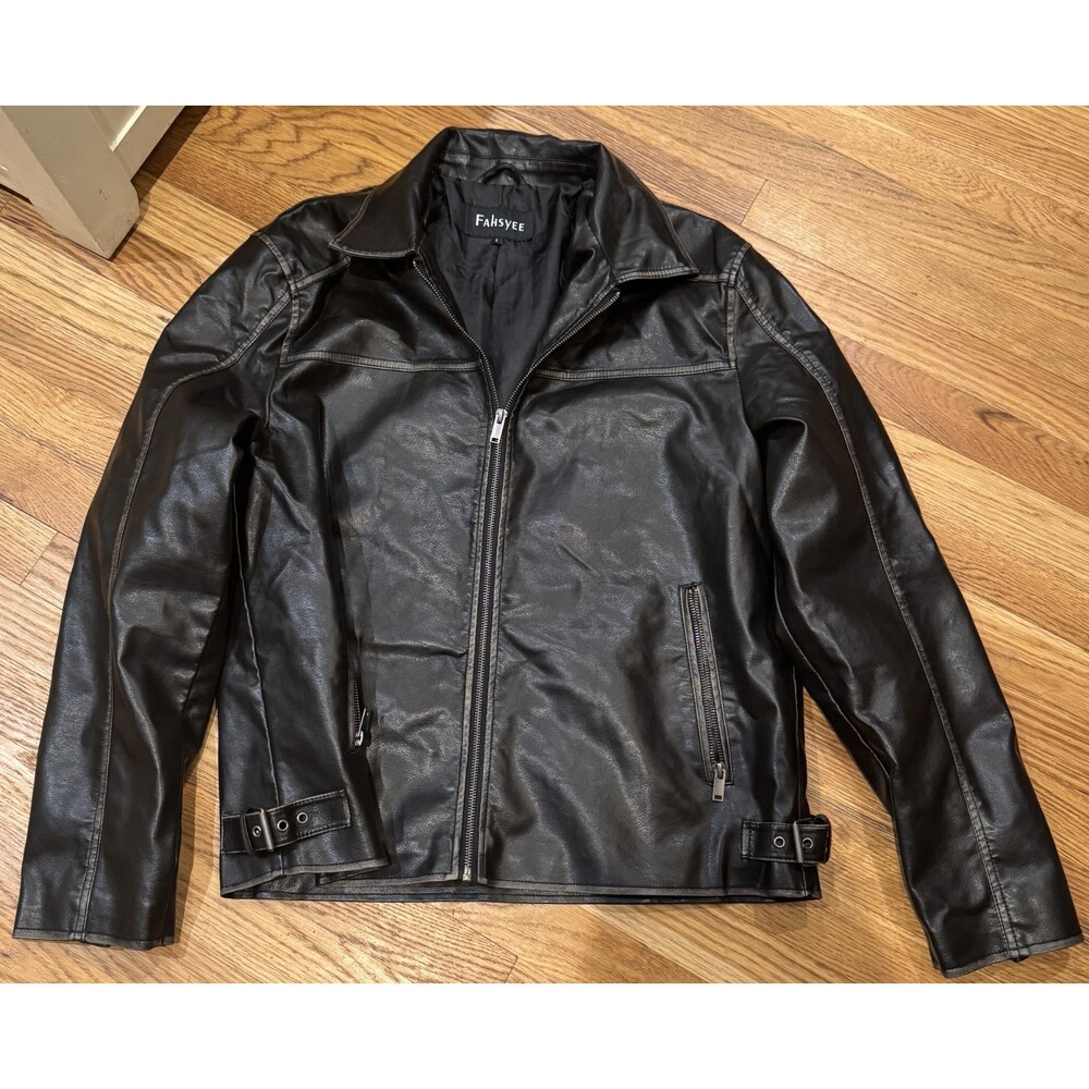 Nwot Mens Fahsyee Faux Leather Brown Distressed Jacket Large